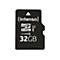 Schwarze Micro-SD-Karte mit weiÃŸer Schrift: Marke Intenso, 32GB, Klassifizierung und Symbolen.