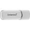 Weißer USB-Stick mit abgerundeten Kanten. Auf der Oberseite steht in grau '(Intenso)®'.