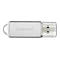 Silberner USB-Stick der Marke Intenso mit transparenter Schutzkappe vor weißem Hintergrund.