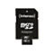 Schwarzer Intenso SD-Kartenadapter mit eingesteckter 16GB Micro-SD-Karte vor weißem Hintergrund.