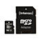 Schwarzer MicroSD-Adapter und Karte von Intenso. Adapter mit Schriftzug 'MicroSD Adapter', Karte: 16GB.