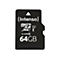 Schwarze Intenso microSDXC Speicherkarte mit 64GB Kapazität und Class 10 Kennzeichnung auf weißem Hintergrund.