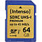 Eine SD-Karte von Intenso. Aufschrift: SDXC UHS-I, 64 GB. Blaue Kante, gelbe Mitte.
