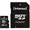 Ein schwarzer SD-Karten-Adapter mit der Aufschrift "(Intenso)" und "Micro SD Adapter" sowie einer MicroSD-Karte.