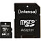 Zwei schwarze Speicherkarten auf weißem Hintergrund. Eine MicroSD-Karte und ein Adapter, beide mit 'Intenso' und technischen Angaben.