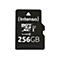 Schwarze SD-Karte mit weißem Text: (Intenso) micro SD XC I, CLASS 10, 256GB.