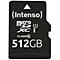 Schwarze microSDXC Speicherkarte, weißer Schriftzug 'Intenso', 512 GB.