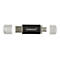 Schwarzer Intenso USB-Stick mit USB-A und USB-C Anschlüssen sowie zwei abgenommenen, transparenten Schutzkappen.
