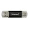 Schwarzer Intenso USB-Stick mit beidseitigen Anschlüssen und transparenten Schutzkappen vor weißem Hintergrund.