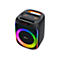 Schwarzer tragbarer Bluetooth-Lautsprecher mit buntem LED-Ring und Display auf weißem Hintergrund.