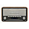 Digitalradio im Retro-Design mit Holzgehäuse, grauer Stoffblende und schwarzer Frontblende mit digitaler Anzeige.