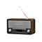 Digitalradio im Retro-Design mit Holzgehäuse, grauer Frontblende, silbernen Drehknöpfen und ausziehbarer Antenne.