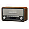 Digitalradio im Retro-Design mit Holzgehäuse, Lautsprechergitter, silbernen Tasten, Drehreglern und Display.