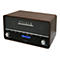 Digitalradio im Retro-Design mit Holzgehäuse, schwarzer Front, silbernen Knöpfen und blauem Digitaldisplay.