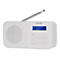 Weißes Digitalradio von Denver mit Teleskopantenne und Display auf weißem Hintergrund.