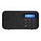 Schwarzes Digitalradio mit blauem LC-Display und Tastenfeld auf weißem Hintergrund.