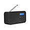 Schwarzes Digitalradio mit ausziehbarer Antenne, beleuchtetem Display und Bedienknöpfen auf der rechten Seite.