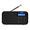 Schwarzes Denver DAB+ Digitalradio mit ausziehbarer Antenne, Lautsprechergitter und blauem LCD-Display.