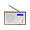 Digitalradio von Denver mit Holzgehäuse, weißer Front, ausziehbarer Antenne und blauem LCD-Display.