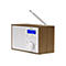 Digitalradio von Denver in Holzoptik mit weißer Front, Lautsprechergitter, Display und ausziehbarer Antenne.
