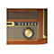 Nahaufnahme der Bedienfront eines Retro-Radios mit Drehregler und Tasten.