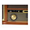 Nahaufnahme eines Retro-Radios mit goldenem Lautstärkeregler, USB-Anschluss und Kopfhörerbuchse in einem Holzgehäuse.