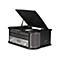 Schwarzes Denver Retro-Musiksystem mit geöffnetem Plattenspieler-Deckel und silberner Frontblende vor weißem Hintergrund.