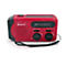 Rotes Denver Notfallradio mit Solarpanel, Lautsprechergitter, Frequenzanzeige, Reglern für Lautstärke und Senderwahl.