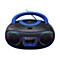 Schwarzer Denver CD-Player mit blauem Tragegriff und LED-beleuchteten Lautsprechern vor weißem Hintergrund.