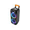 Schwarzer mobiler Bluetooth-Lautsprecher mit orangefarbenem Tragegriff und bunter LED-Beleuchtung der zwei Frontlautsprecher.