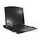 Ausgeklappte schwarze 19-Zoll Rack-Konsole mit Display, Tastatur und Touchpad vor weißem Hintergrund.
