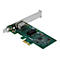 Eine grüne PCIe-Netzwerkkarte mit RJ45-Anschluss und silberner Slotblende vor weißem Hintergrund.