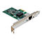 Netzwerkkarte mit grünem PCB, Ethernet-Anschluss und silberner Metallblende vor weißem Hintergrund.