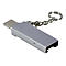 Silberner USB-C-Stick als Schlüsselanhänger mit Metallkette vor weißem Hintergrund.