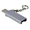 Silberner USB-C-Adapter mit Schlüsselanhänger-Kette vor weißem Hintergrund.
