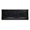 Schwarze Gaming-Tastatur mit deutschem QWERTZ-Layout und dezenter RGB-Beleuchtung vor weißem Hintergrund.