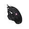 Schwarze Gaming-Maus mit ergonomischem Design, beleuchtetem Logo und Kabel vor weißem Hintergrund.