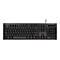 Schwarze Computertastatur mit QWERTY-Layout und kyrillischen Buchstaben auf weißem Hintergrund.