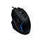 Schwarze Gaming-Maus mit blauer LED-Beleuchtung und ergonomischem Design vor weißem Hintergrund.