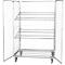 Metal transport trolley, with three shelves and grids, doors open.