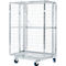 Metal grid transport cart with two shelves. The cart stands on four wheels with blue tires.
