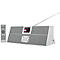 Gray radio with remote control. Antenna extended, display with text. Button below, remote control beside it.