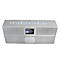 Silver digital radio with screen, top controls and a logo. The display shows a radio station.