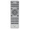 Silver remote control with grey buttons. Below are functions like power, menu, playback, volume and numbers.