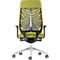 Office chair with green seat and backrest. The backrest has a black mesh design and a white central support.