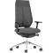 Office chair with gray mesh back and armrests. It stands on a silver base with casters.