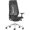 Black office chair, mesh back, silver base with wheels.
