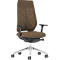 Office chair, brown fabric, mesh back, silver frame.