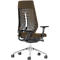 Office chair, brown fabric, black armrests, white back grid, silver base with wheels.