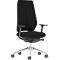Black office chair with mesh back, armrests, and casters. The frame is silver.